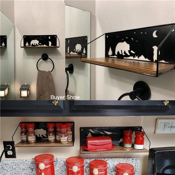 Floating Shelves for Wall with Unique Adorable Bears Cutouts, Rustic Wooden Iron - Picture 2 of 5